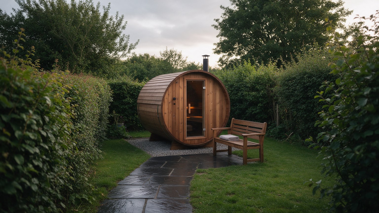 Generated sauna scene: a timber barrel sauna with a glass door at the end of an Irish back garden.