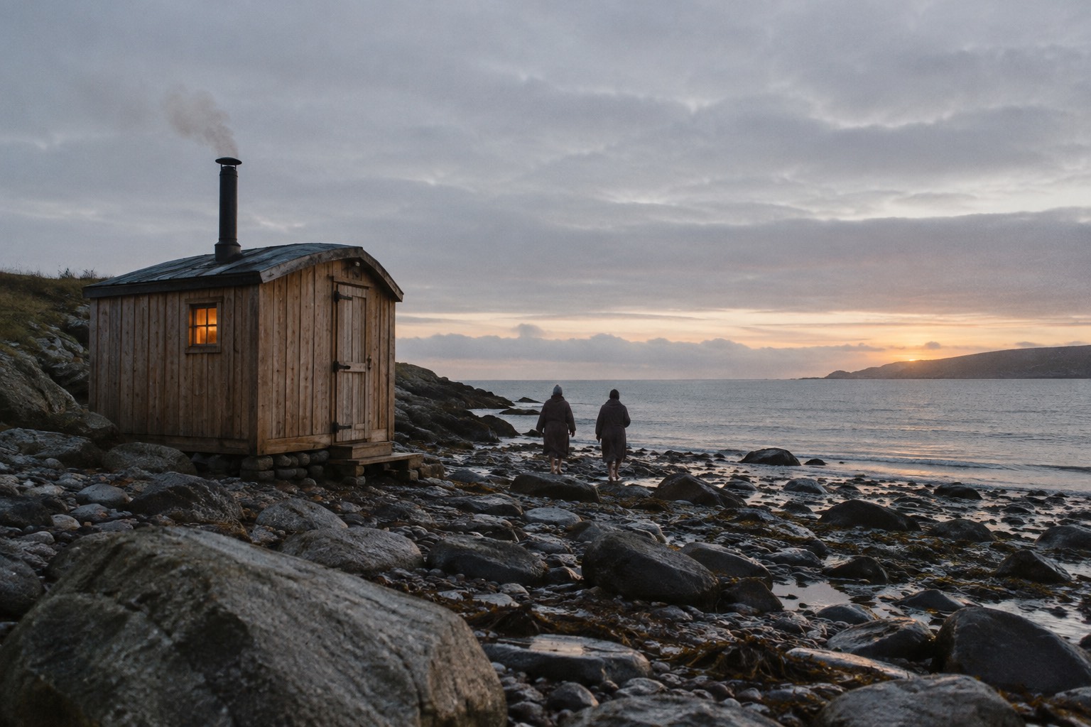 Generated sauna scene: a timber hut beside the sea, with swimmers walking to the water.