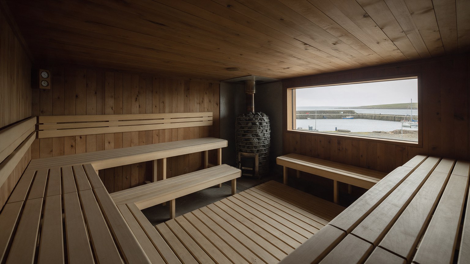 Generated sauna scene: tiered benches and a large stove inside a public sauna with a harbour view.