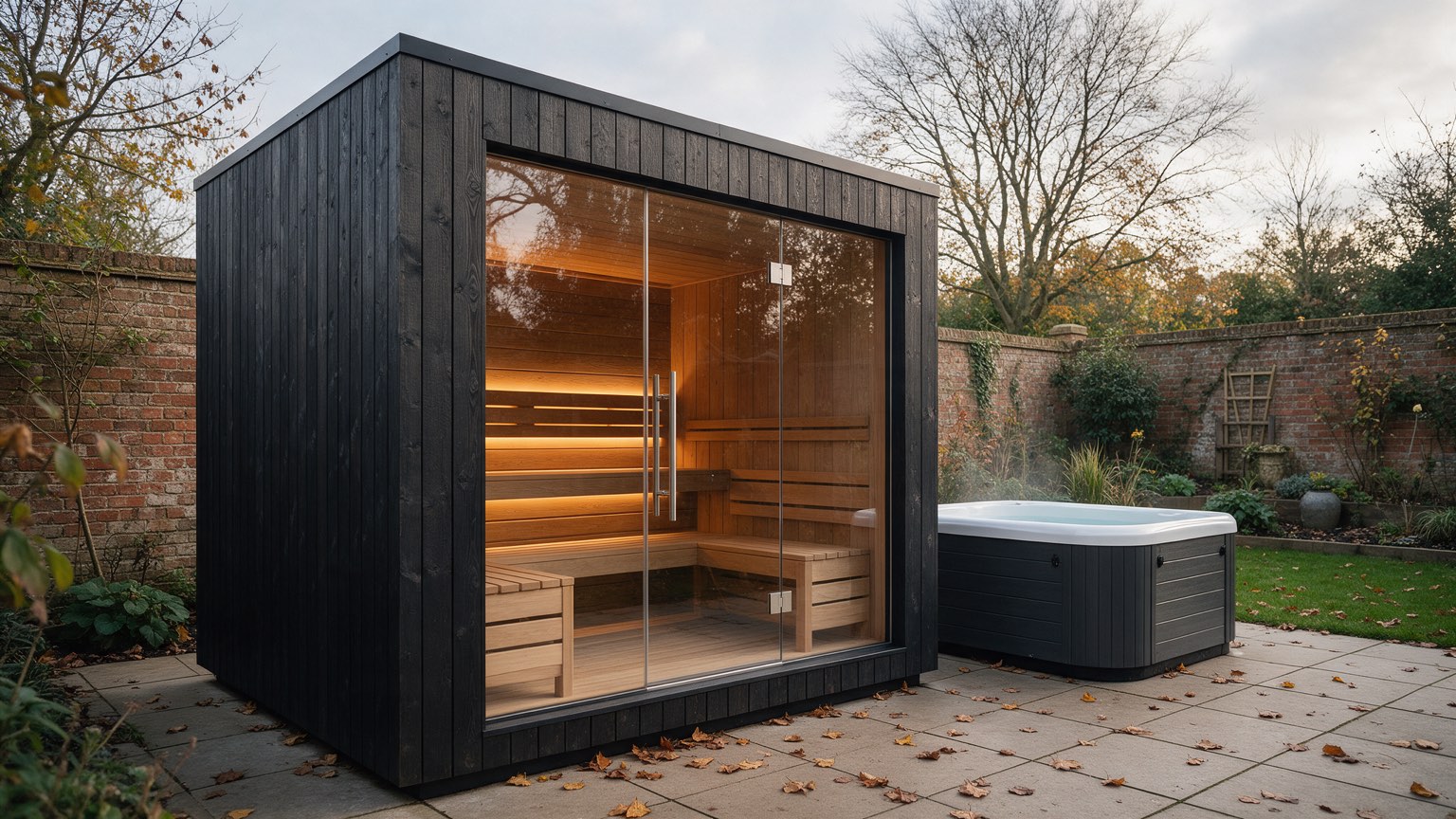 Generated sauna scene: a dark timber cube sauna with a glass front in a walled garden, beside a tub.