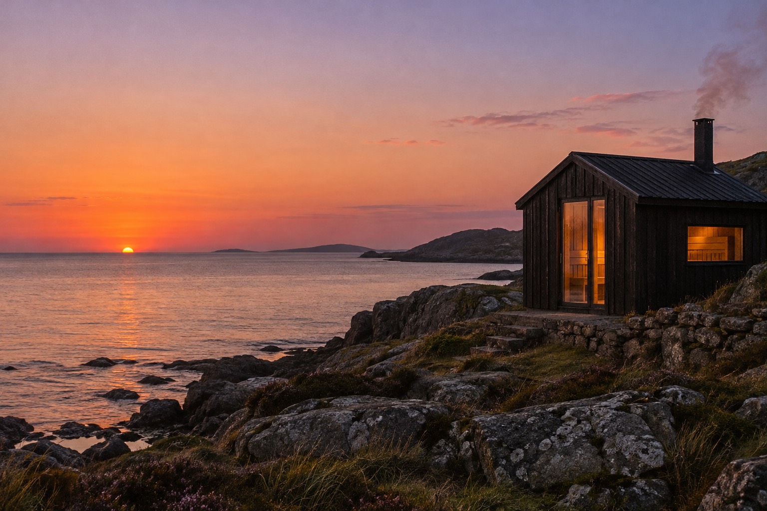 Generated sauna scene: a warmly lit sauna at the end of the day.