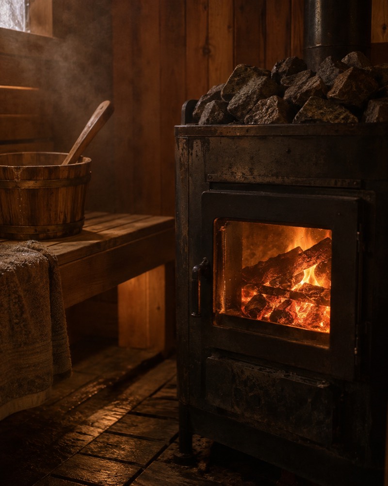 Generated sauna scene: a wood-burning stove topped with stones, beside a wooden bucket and ladle.